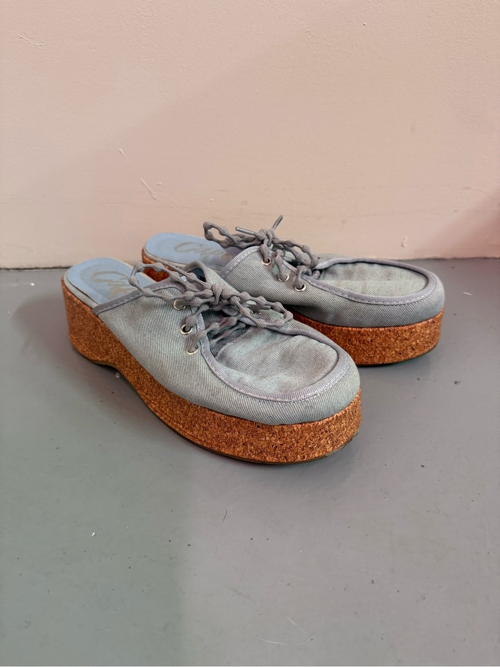 Casual Cork-Platform Slip-On Mules in Light denim blue